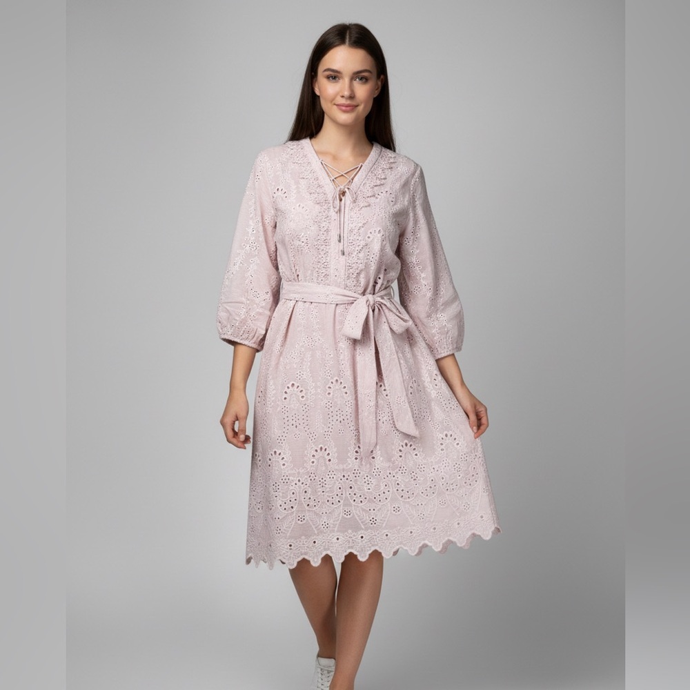 WHBM Pastel Pink Eyelet Lace Dress V-Neck Tie String Puff Sleeves Size S